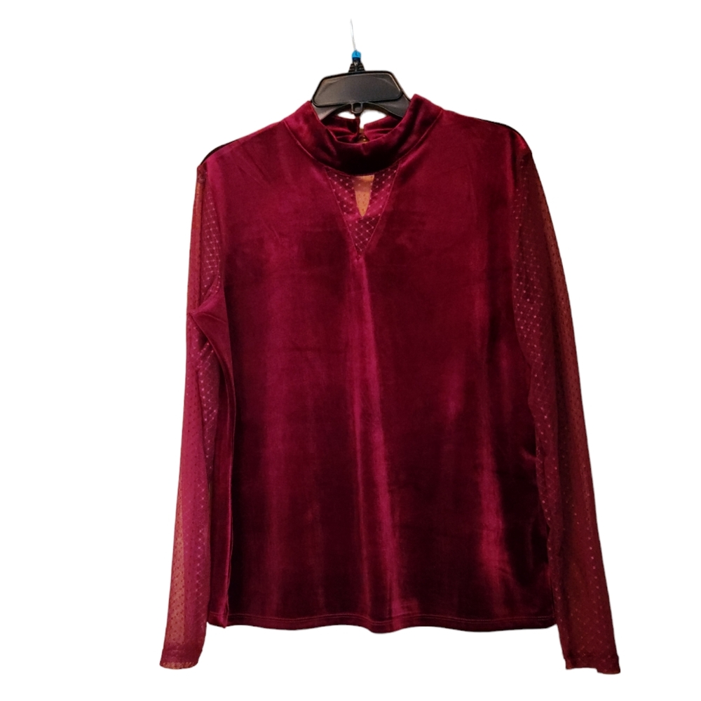 Liquid burgundy faux velvet top with long sheer sleeves. Mock neck. Size L